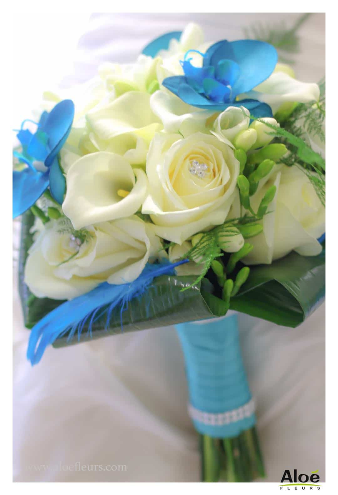 Cadre  Bouquet Mariée Original Orchidées Bleu Turquoise Rose Freesia Et Arum Blanc Aloefleurs.com  9002