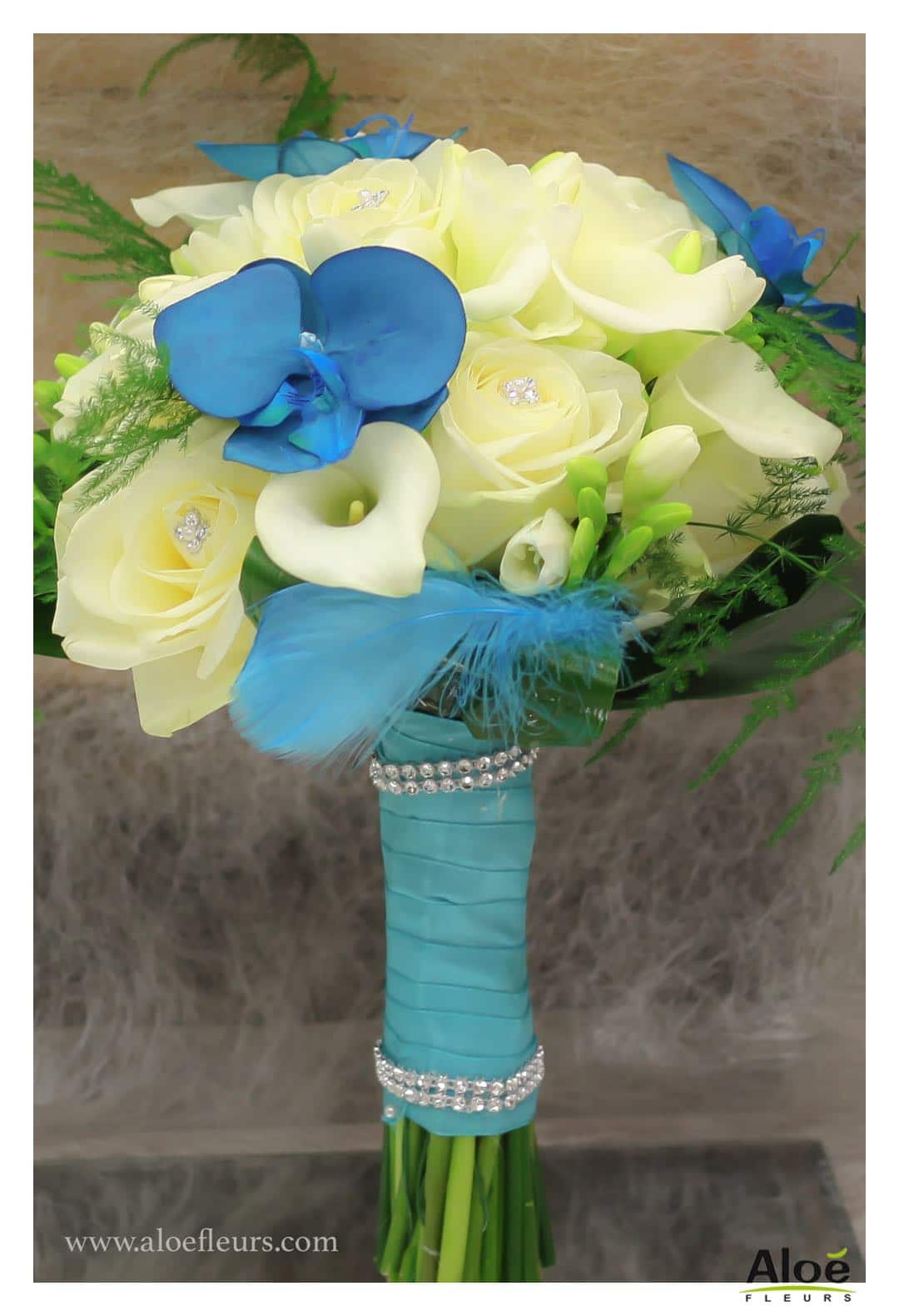 Cadre  Bouquet Mariée Original Orchidées Bleu Turquoise Rose Freesia Et Arum Blanc Aloefleurs.com  8987